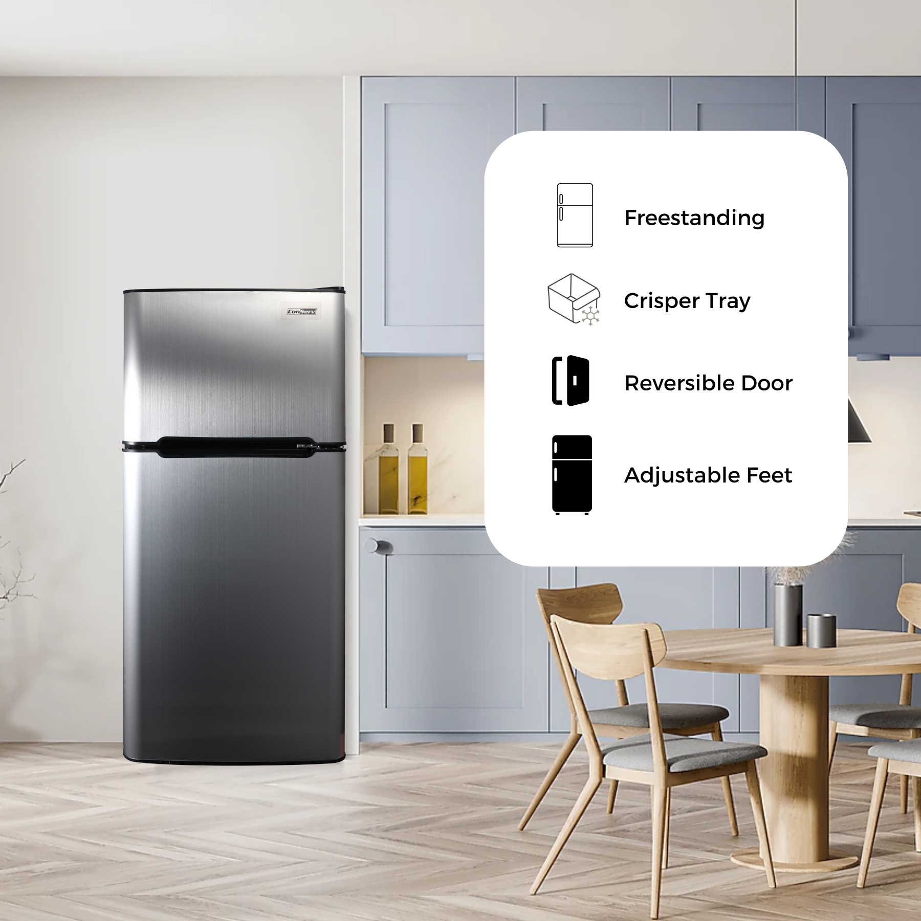 Conserv 19in STAINLESS Compact 2 Door Refrigerator 4.5cf Reversible Door 110V Conserv 19in STAINLESS Compact 2 Door Refrigerator 4.5cf Reversible Door 110V