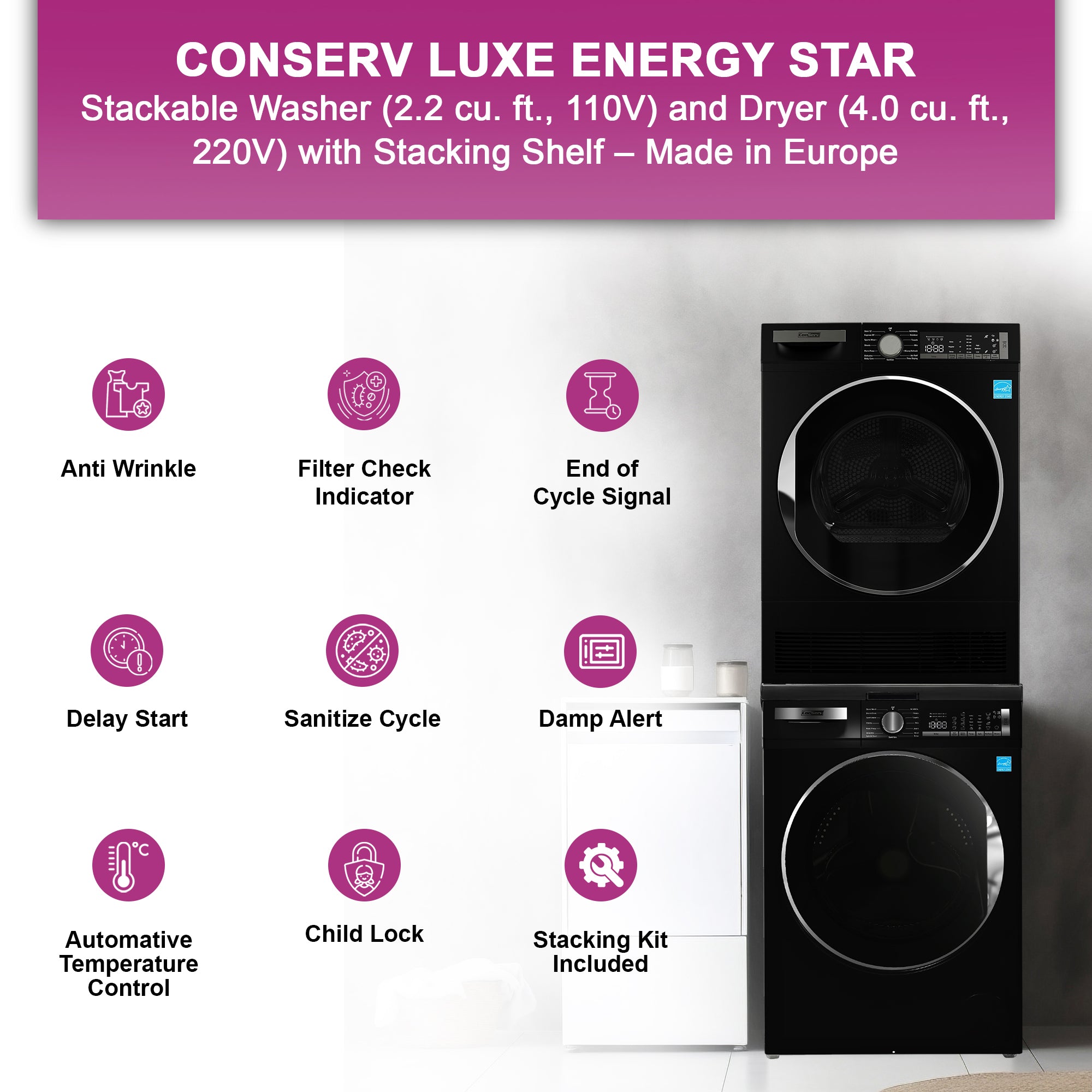 Conserv LUXURY Washer 2.2cf 110V+Condensing Dryer 4cf 220V 2 Year Warranty Conserv LUXURY Washer 2.2cf 110V+Condensing Dryer 4cf 220V 2 Year Warranty