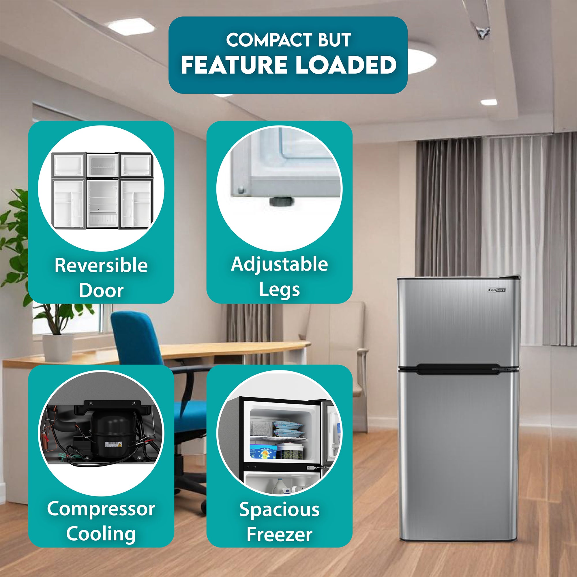 Conserv 19in STAINLESS Compact 2 Door Refrigerator 4.5cf Reversible Door 110V Conserv 19in STAINLESS Compact 2 Door Refrigerator 4.5cf Reversible Door 110V