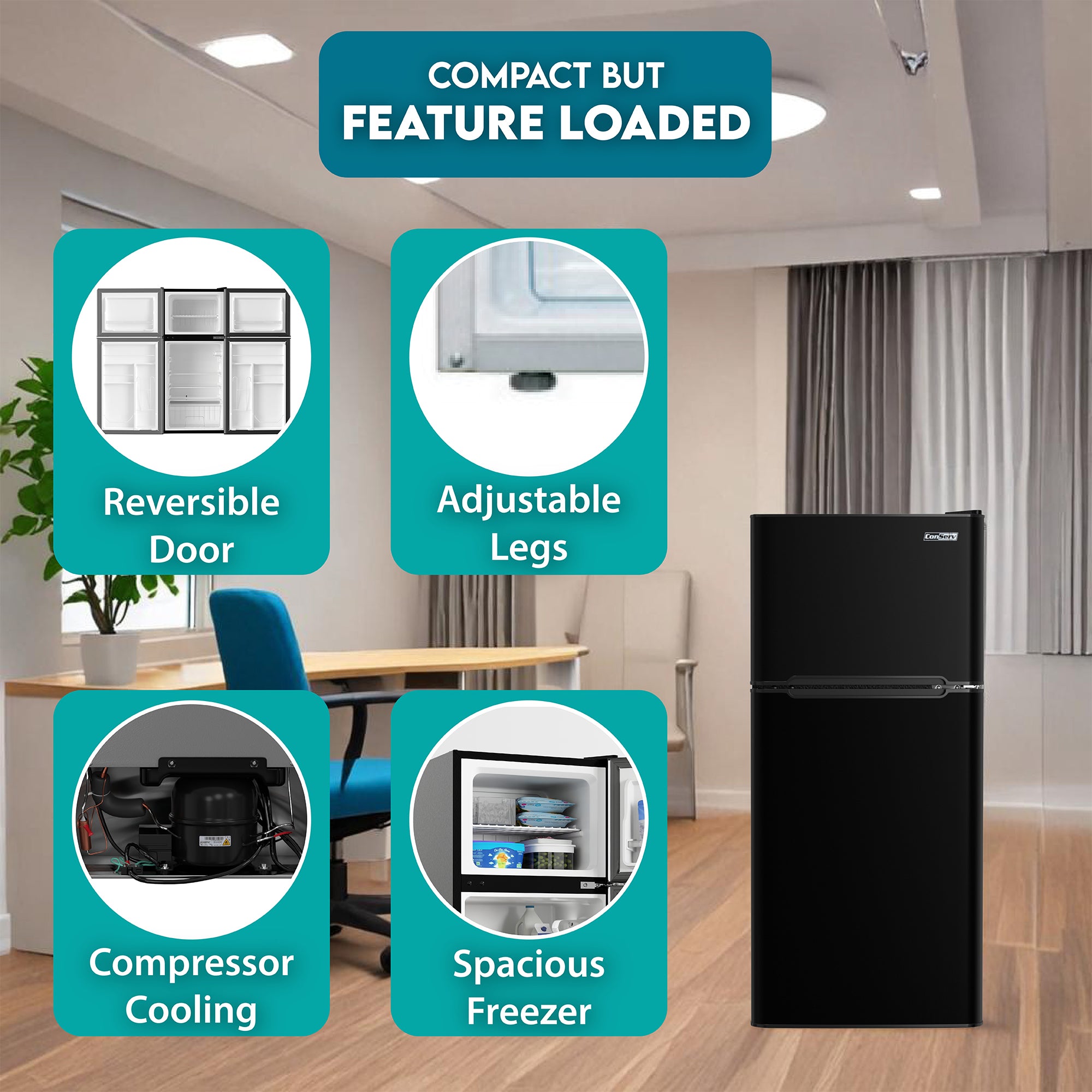 Conserv 19in STAINLESS Compact 2 Door Refrigerator 4.5cf Reversible Door 110V Conserv 19in STAINLESS Compact 2 Door Refrigerator 4.5cf Reversible Door 110V