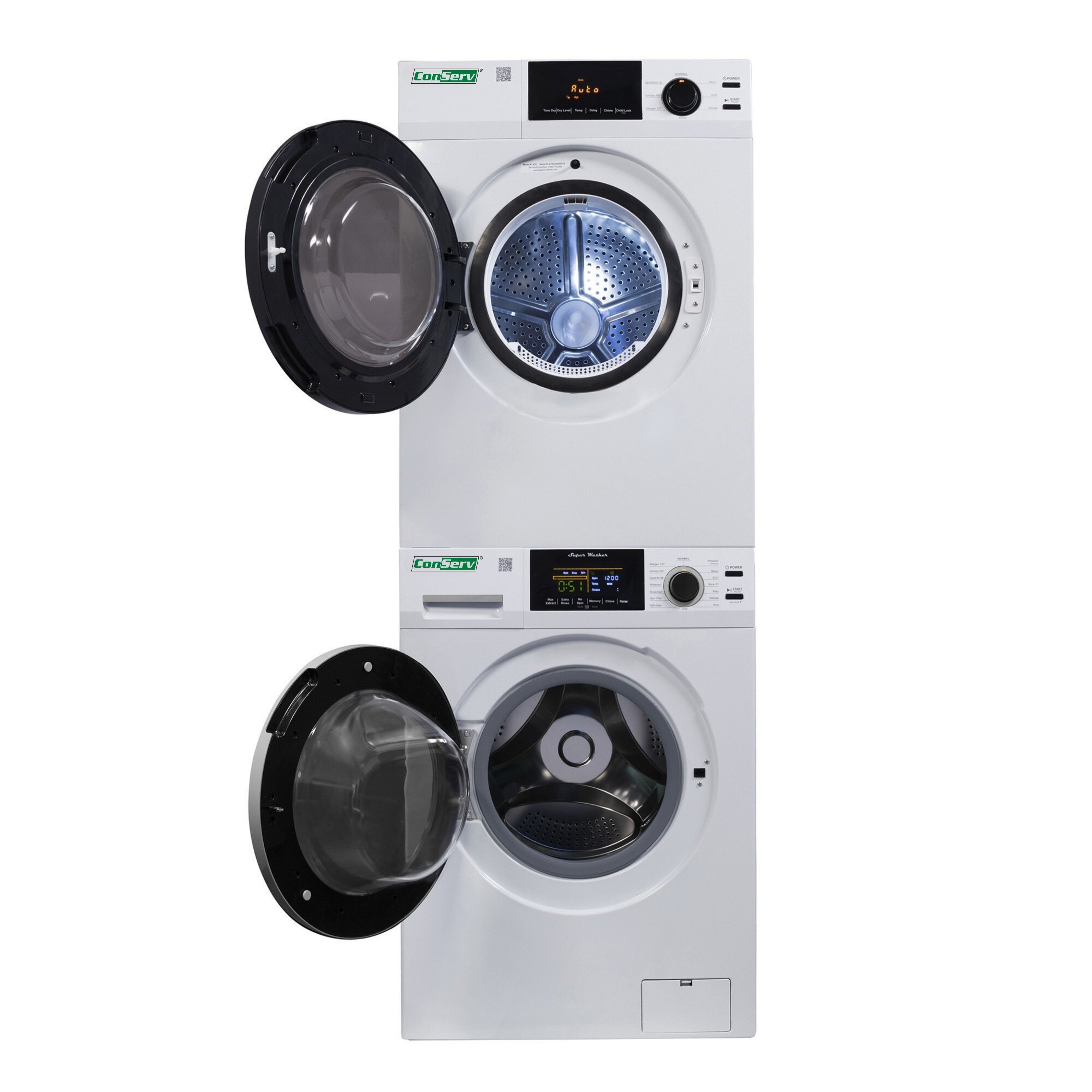Conserv 110V STANDARD STACKABLE CW 835 18 lbs Washer 1.9cf + CD 870 Vented Sensor Dryer 4cf Conserv 110V STANDARD STACKABLE CW 835 18 lbs Washer 1.9cf + CD 870 Vented Sensor Dryer 4cf
