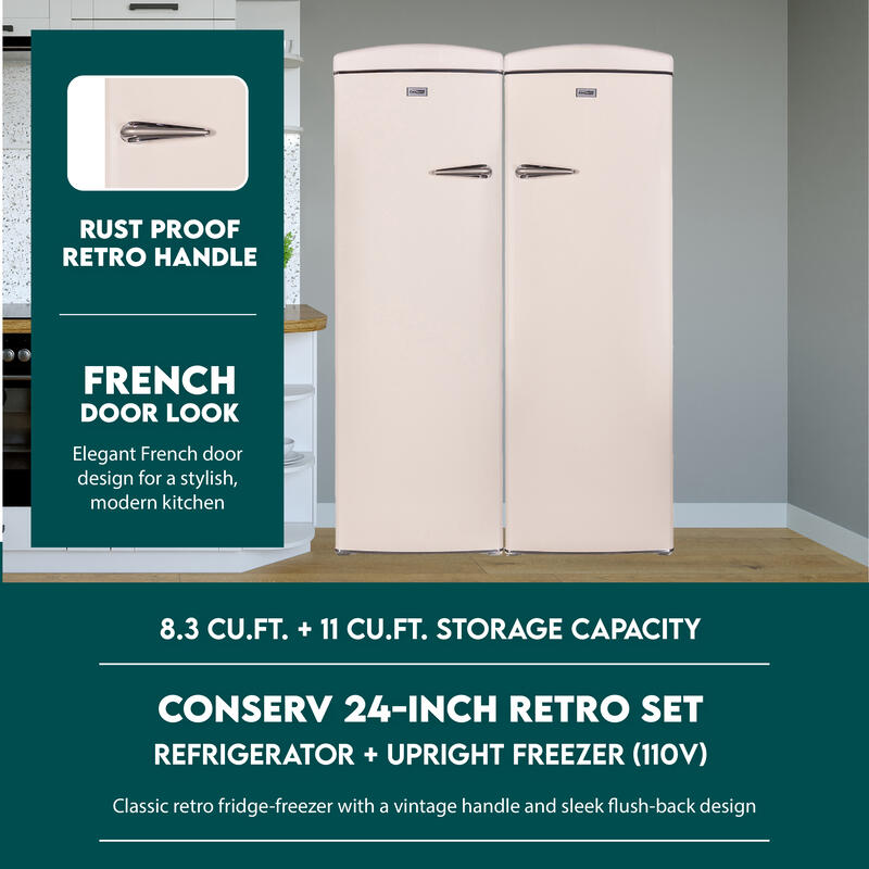 Conserv 24in Retro Set Refrigerator 11cf + Upright Freezer 8.3cf E-Star 110V