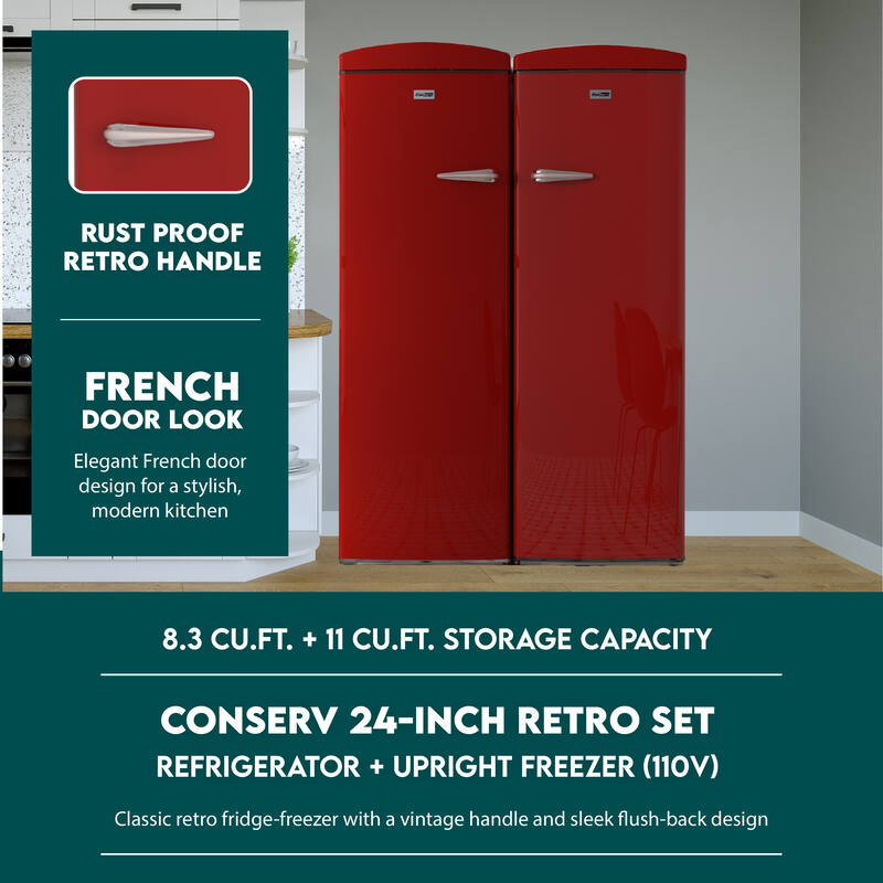 Conserv 24in Retro Set Refrigerator 11cf + Upright Freezer 8.3cf E-Star 110V