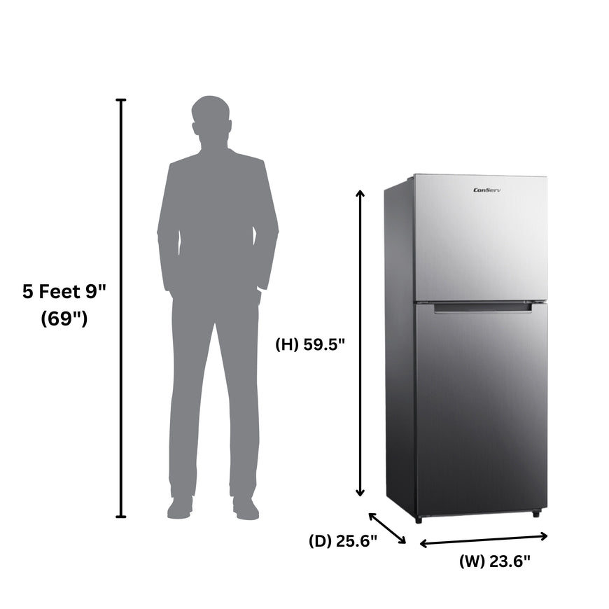 Conserv 10cf Top Freezer Refrigerator 24in Frost Free E-Star Quiet 43dB 110V SS